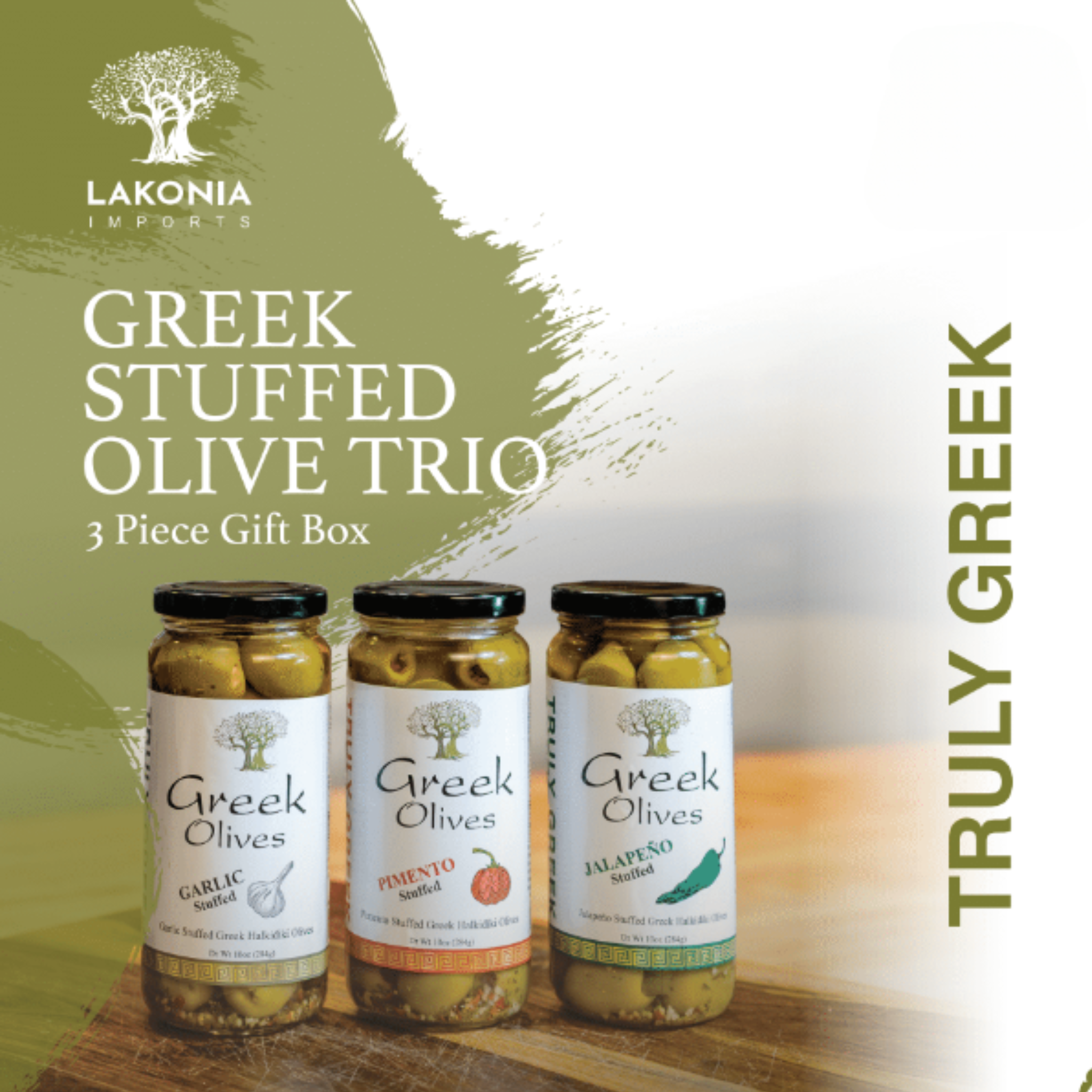 Authentic Greek Stuffed Olive Trio – Garlic, Jalapeno & Pimento