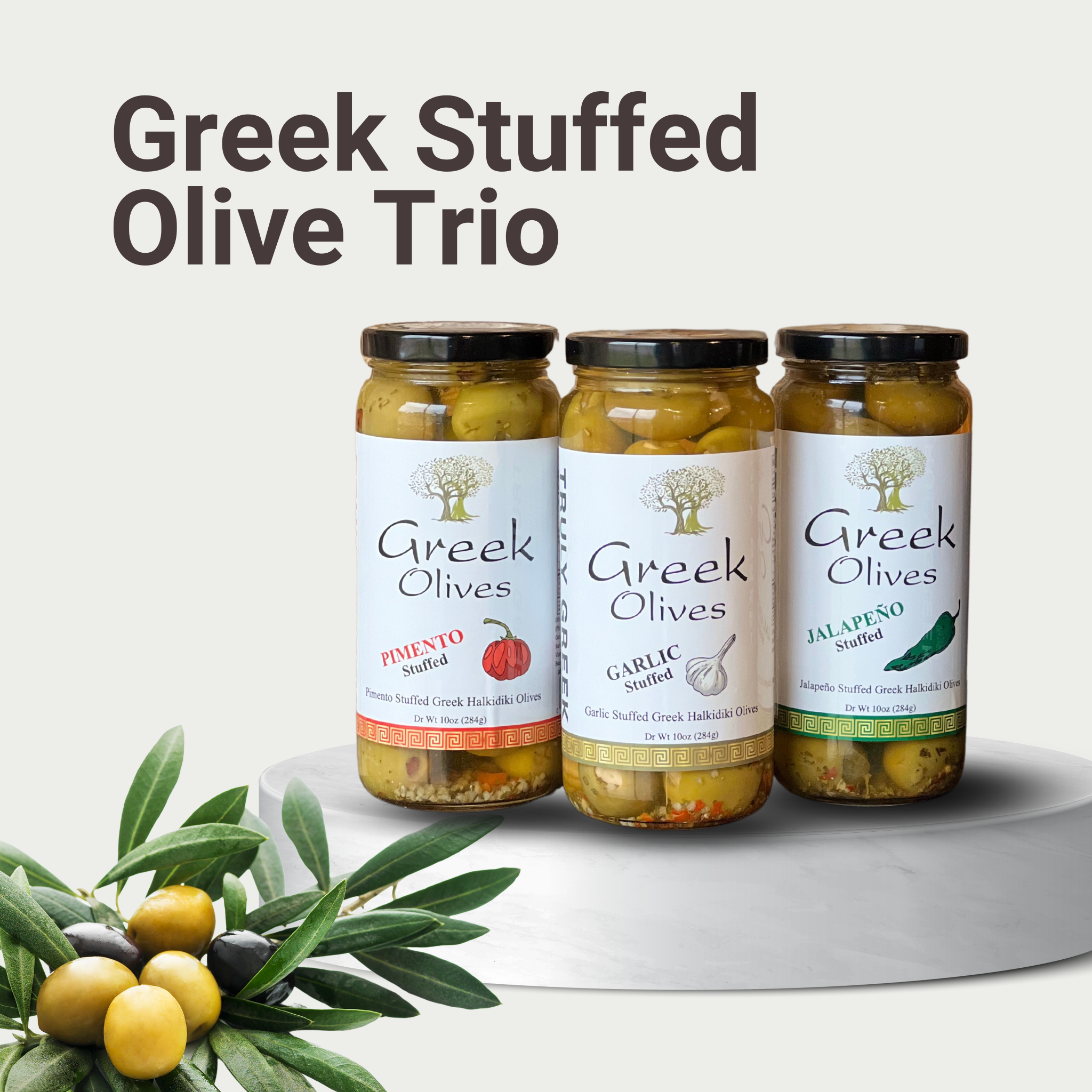 Authentic Greek Stuffed Olive Trio – Garlic, Jalapeno & Pimento