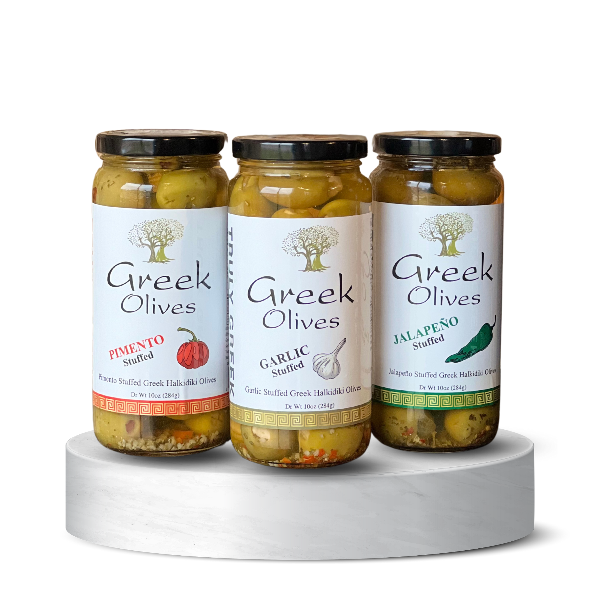 Authentic Greek Stuffed Olive Trio – Garlic, Jalapeno & Pimento