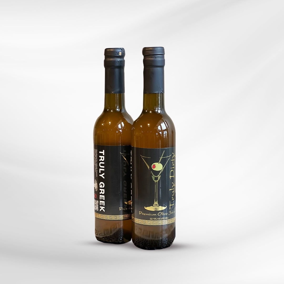 Two bottles of TG Premium Olive Juice – best olive brine for dirty martinis and cocktails